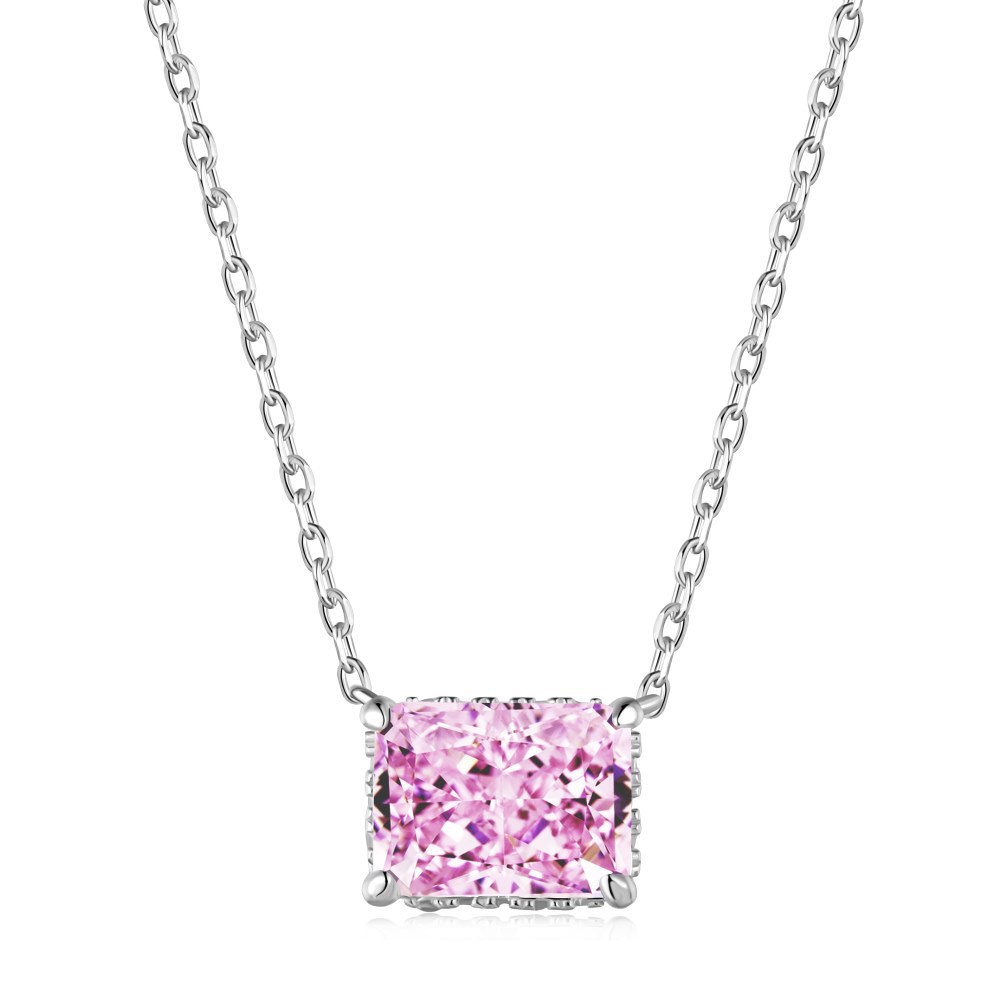 uare Pink Crystal Zircon Silver Necklace